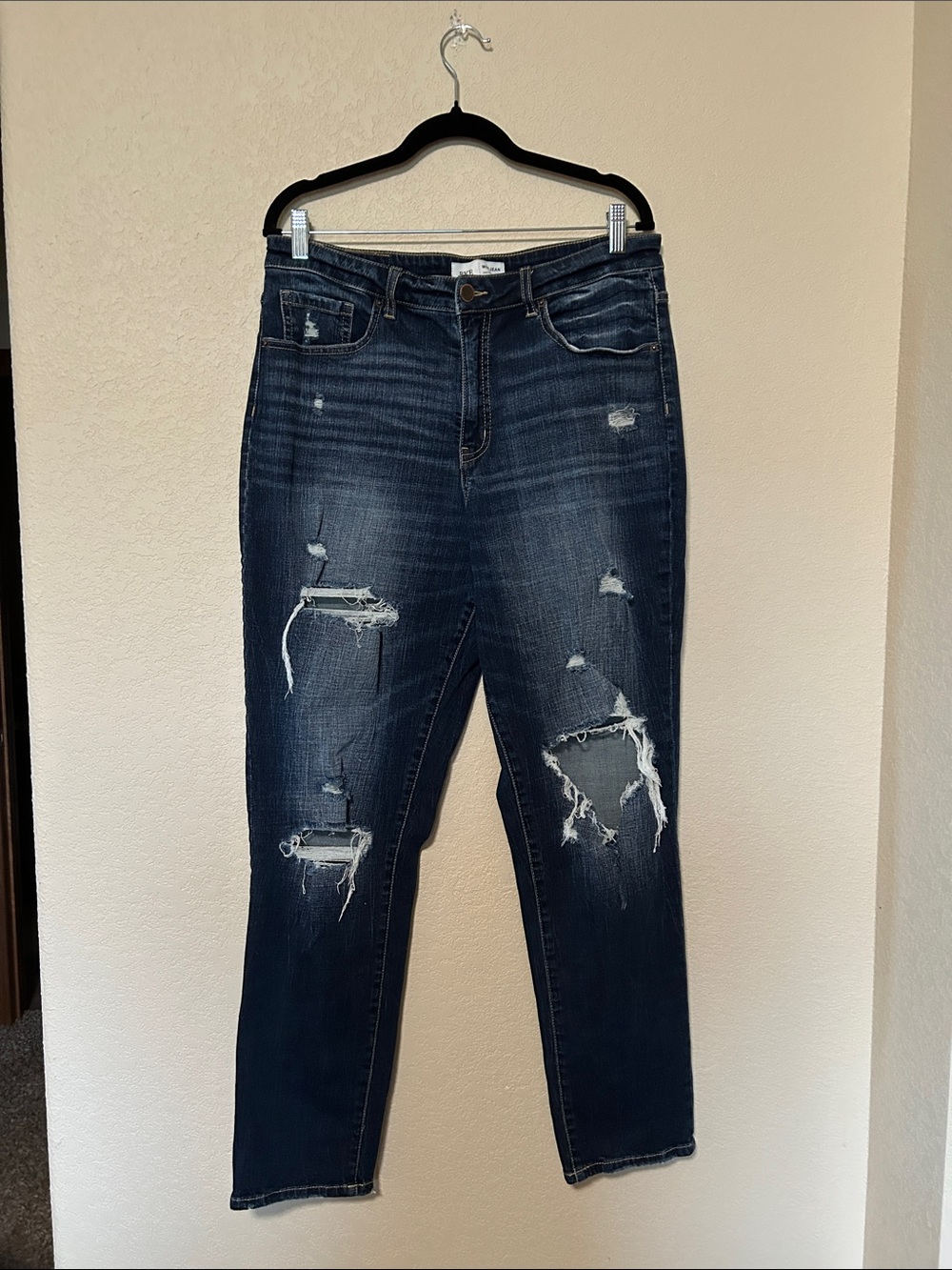 BKE Denim High Rise Distressed Straight Leg Jeans Size 32 Dark Wash Y2K